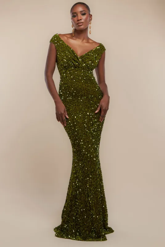 Multi Sequin & Velvet Bardot Maxi Dress - Olive Green by Goddiva sold by Goddiva