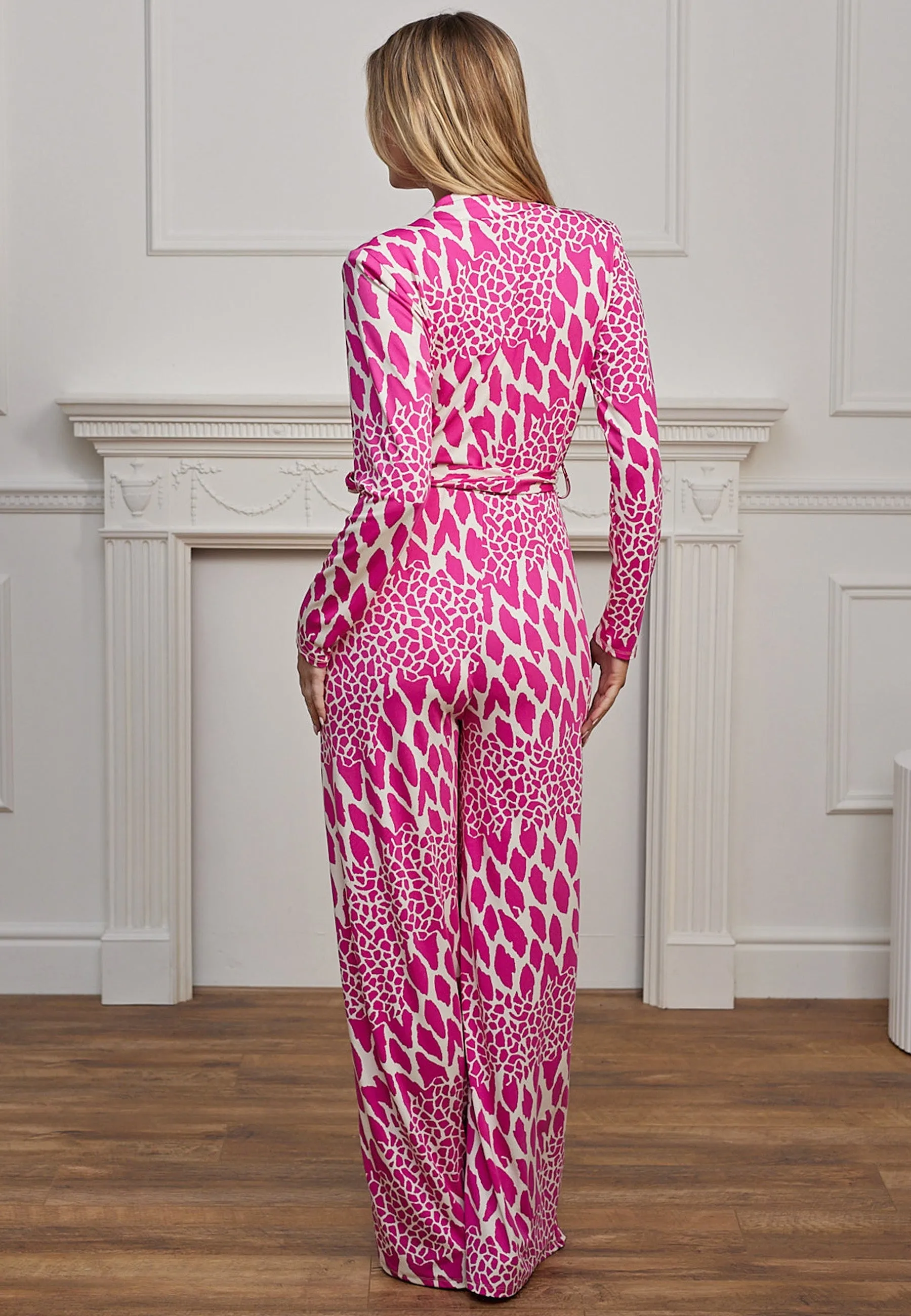 Plunge Neck Wide Leg Long Sleeve Jumpsuit In Pink Leopard by Angeleye sold by Goddiva product image thumbnail 4