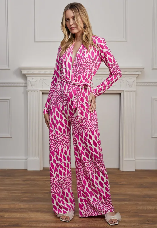 Plunge Neck Wide Leg Long Sleeve Jumpsuit In Pink Leopard by Angeleye sold by Goddiva