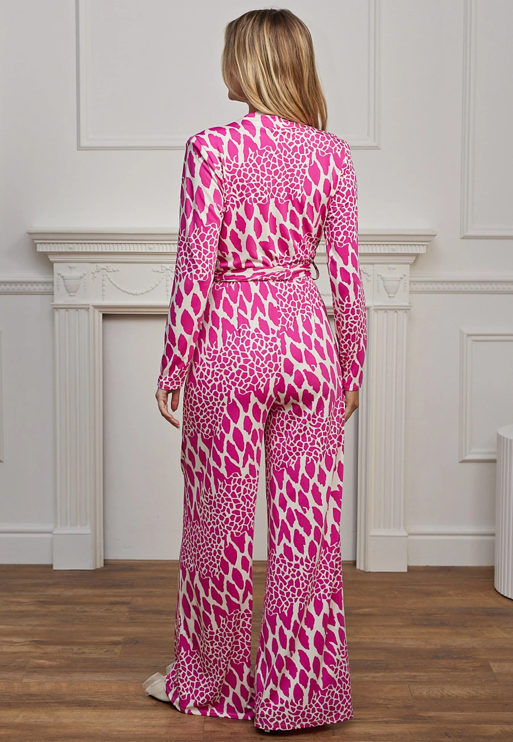Plunge Neck Wide Leg Long Sleeve Jumpsuit In Pink Leopard by Angeleye sold by Goddiva product image thumbnail 2