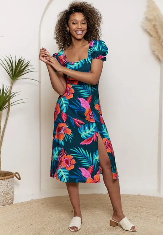 Puff Sleeve Square Neck Midi Dress In Tropical Print by Angeleye sold by Goddiva