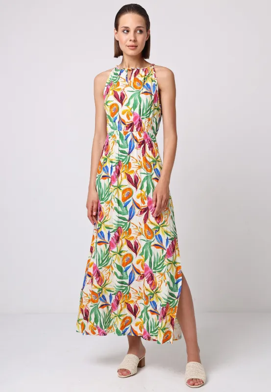 Halterneck Keyhole Maxi Dress In Tropical Papaya Print by Angeleye sold by Goddiva