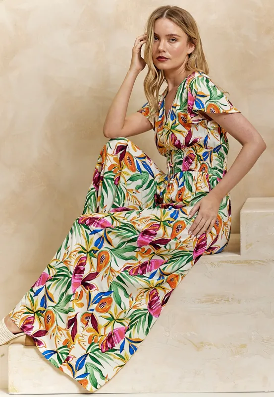 Shirred Waist Flutter Sleeve Maxi Dress In Tropical Papaya Print by Angeleye sold by Goddiva