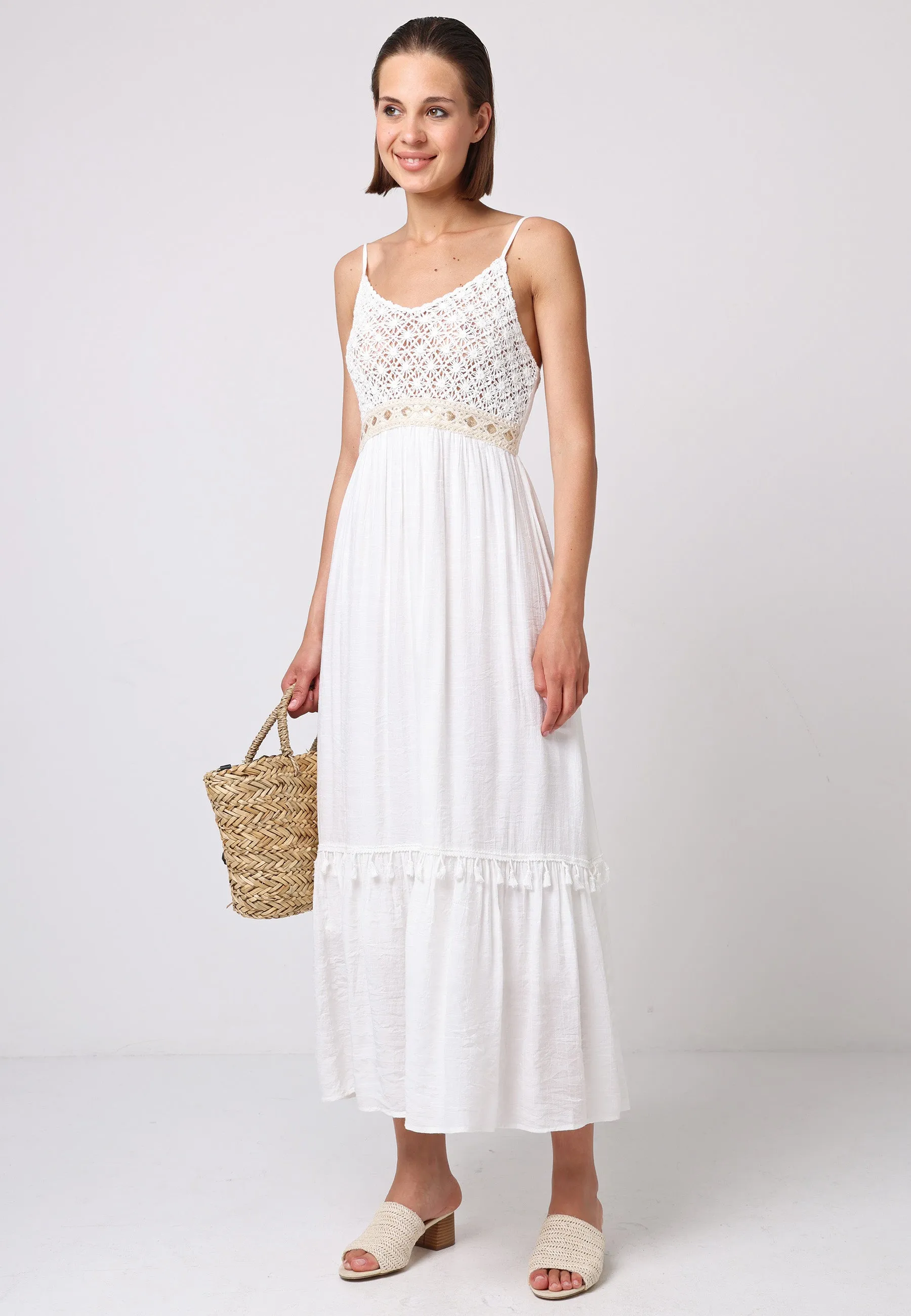 Crochet Top Cami Dress With Gold Waist Detail In White by Angeleye sold by Goddiva product image thumbnail 2