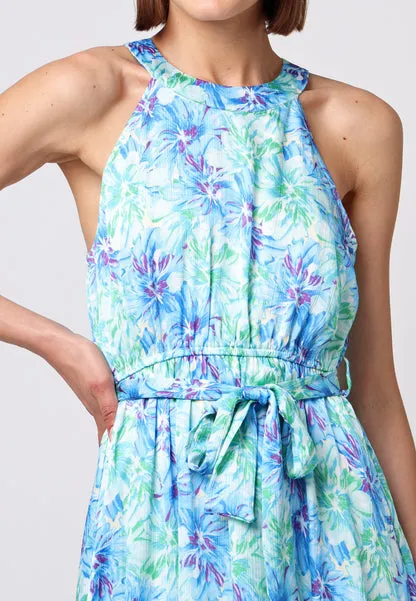 Halter Neck Midi Dress With Tie Waist In Blue Green Floral by Angeleye sold by Goddiva product image thumbnail 4