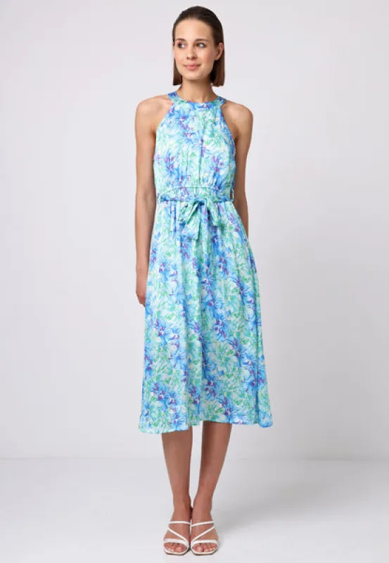 Halter Neck Midi Dress With Tie Waist In Blue Green Floral by Angeleye sold by Goddiva