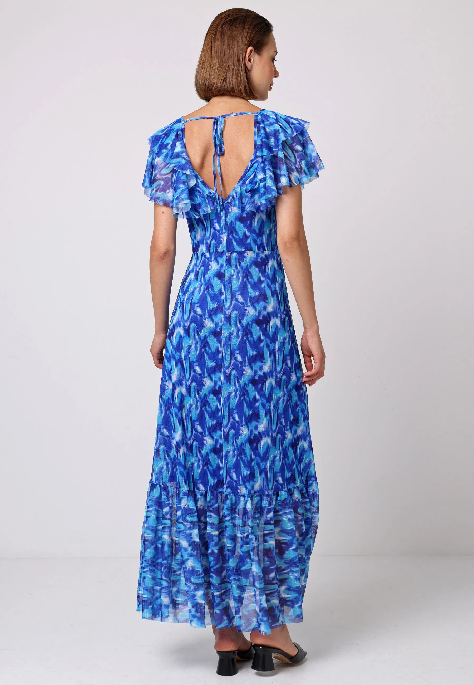 Flutter Sleeve Maxi Dress With Tie Back In Blue Print by Angeleye sold by Goddiva product image thumbnail 3