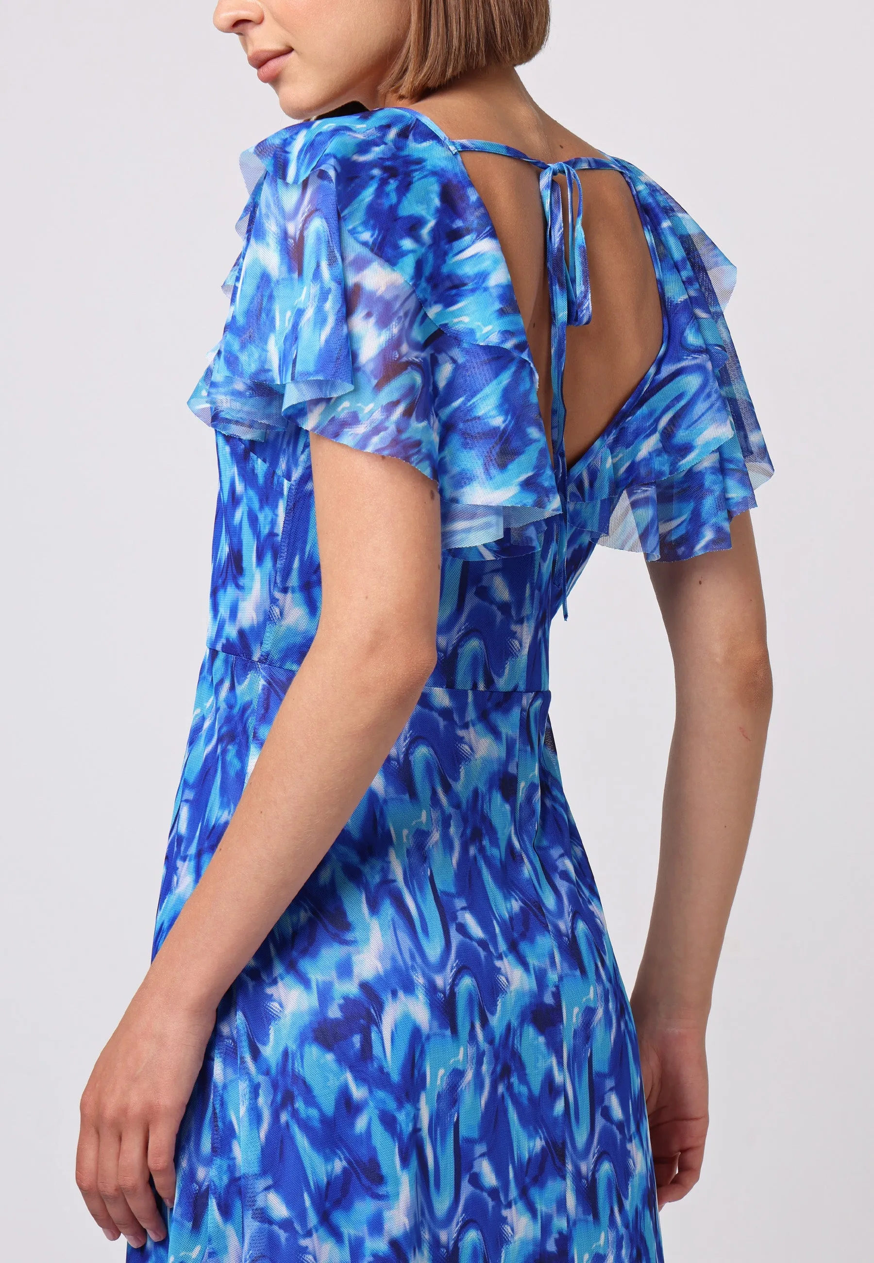 Flutter Sleeve Maxi Dress With Tie Back In Blue Print by Angeleye sold by Goddiva product image thumbnail 5