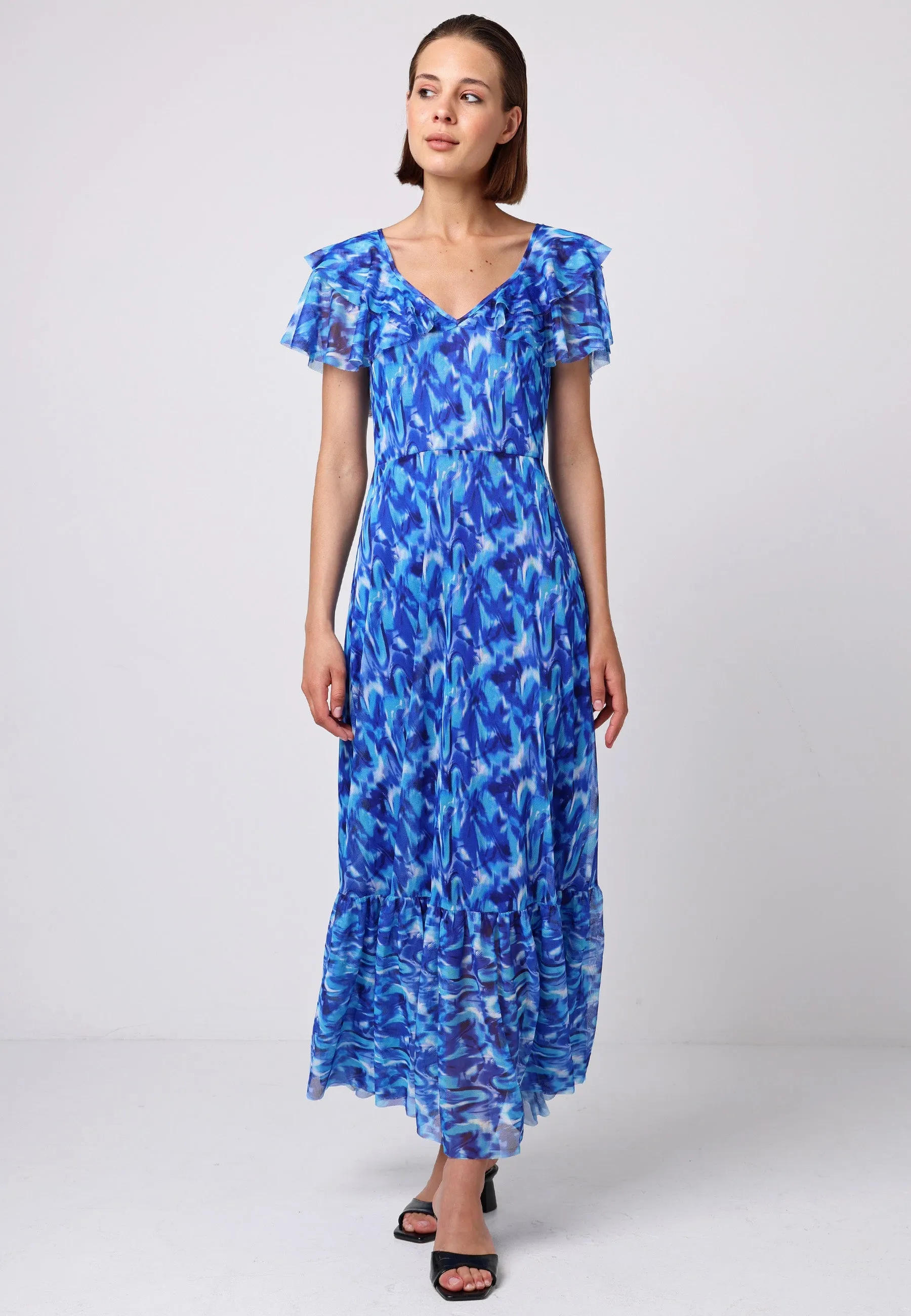 Flutter Sleeve Maxi Dress With Tie Back In Blue Print by Angeleye sold by Goddiva product image thumbnail 2