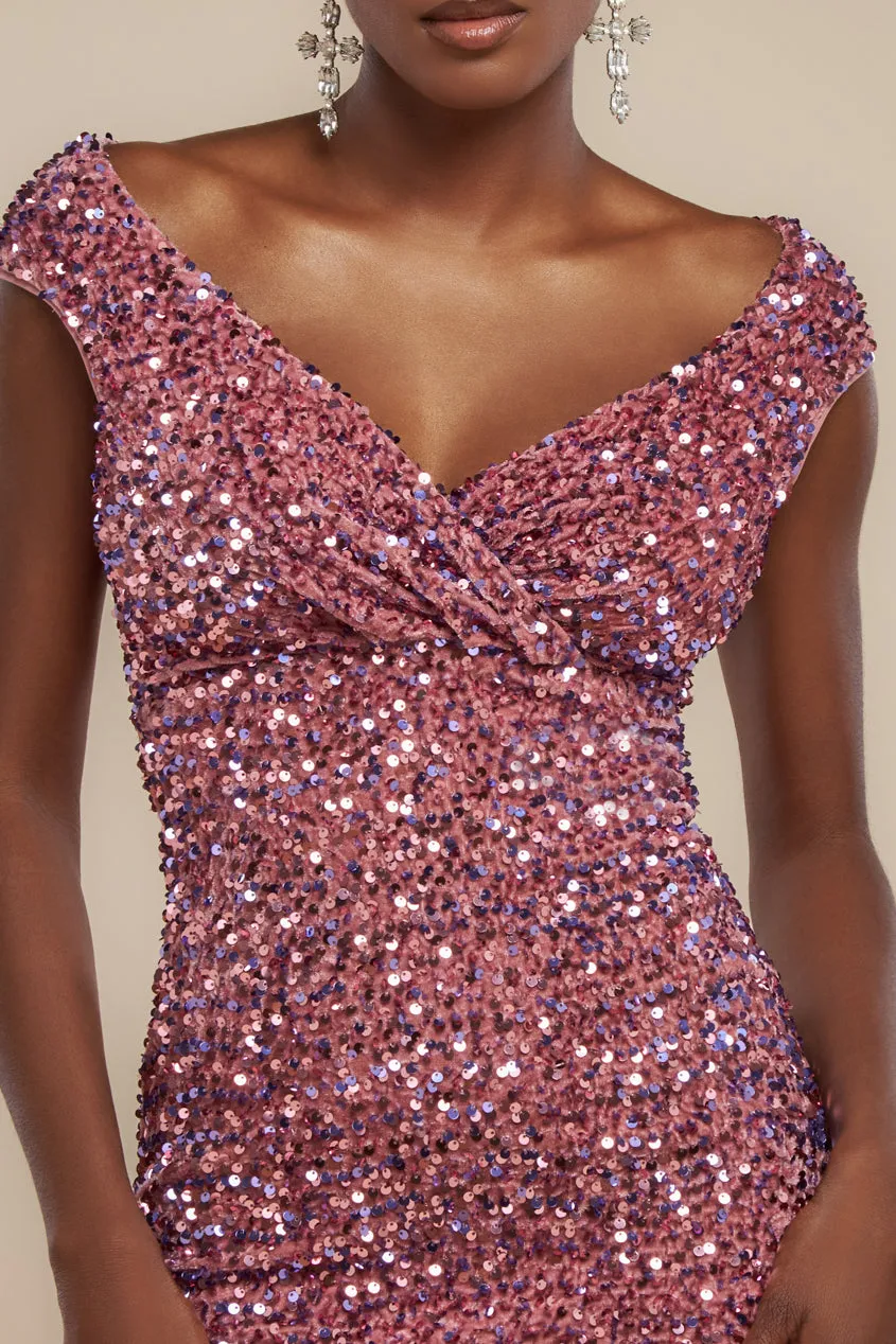 Multi Sequin & Velvet Bardot Midi Dress - Blush Pink by Goddiva sold by Goddiva product image thumbnail 3