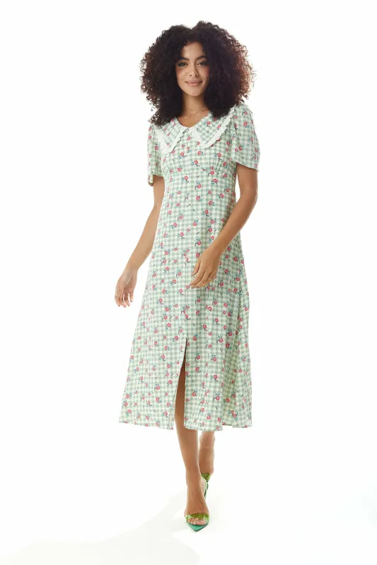 Gingham Floral Midi Dress In Greenwhite With Lace by Liquorish sold by Goddiva