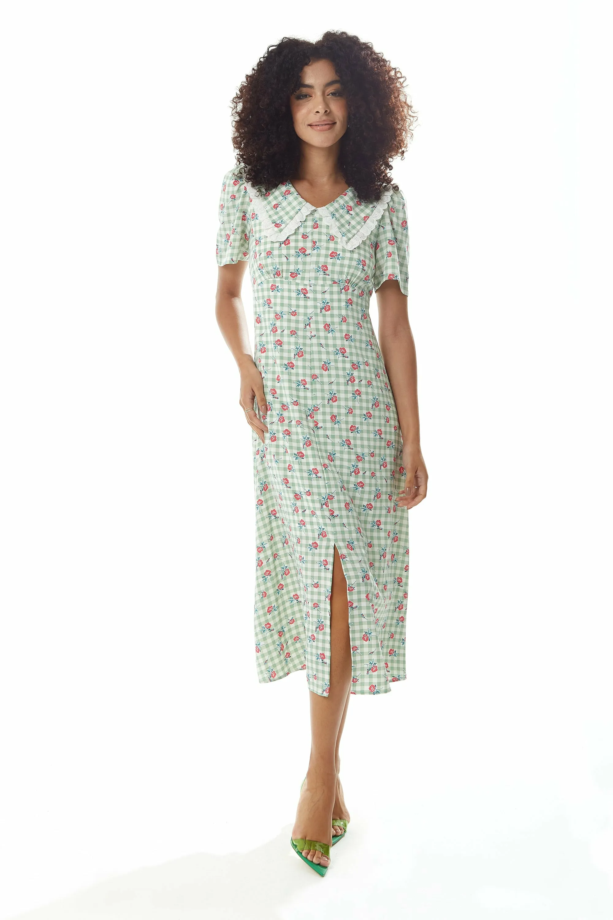 Gingham Floral Midi Dress In Greenwhite With Lace by Liquorish sold by Goddiva product image thumbnail 2