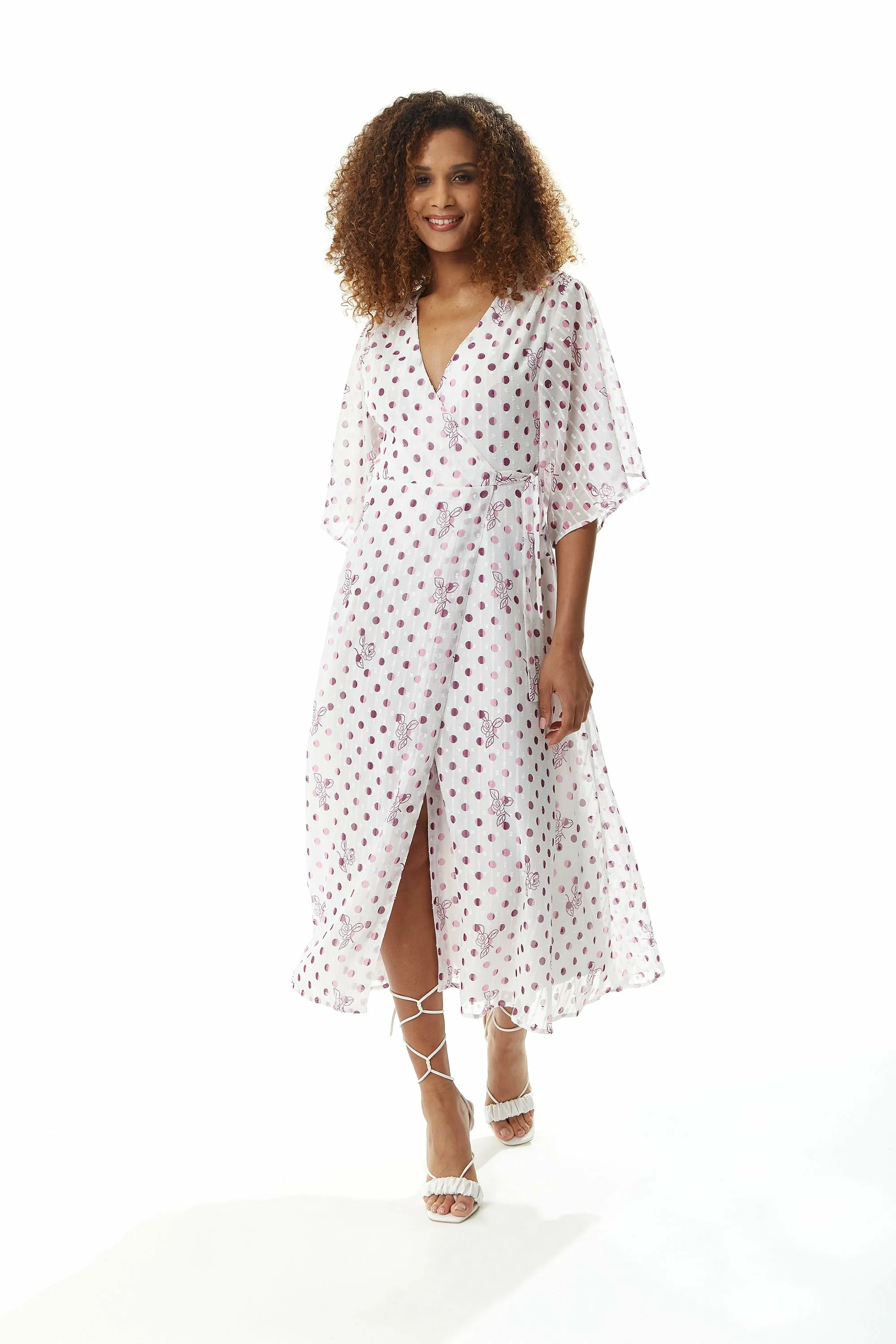 Pink Floral Polka Dot Print Midi Wrap Dress White by Liquorish sold by Goddiva product image thumbnail 2