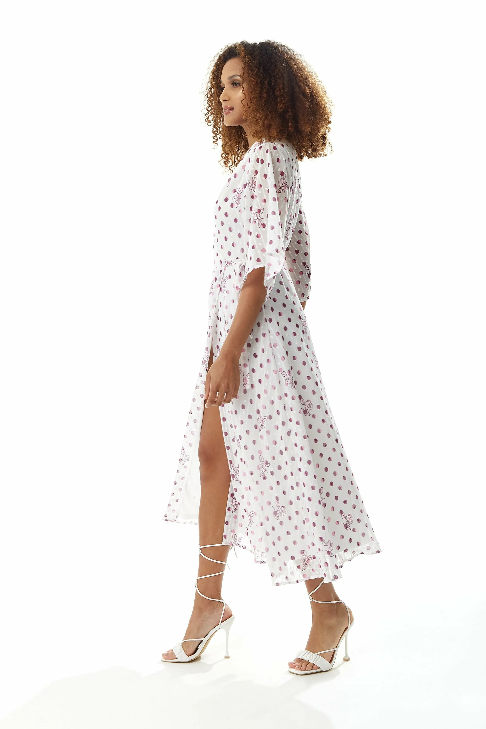Pink Floral Polka Dot Print Midi Wrap Dress White by Liquorish sold by Goddiva product image thumbnail 3