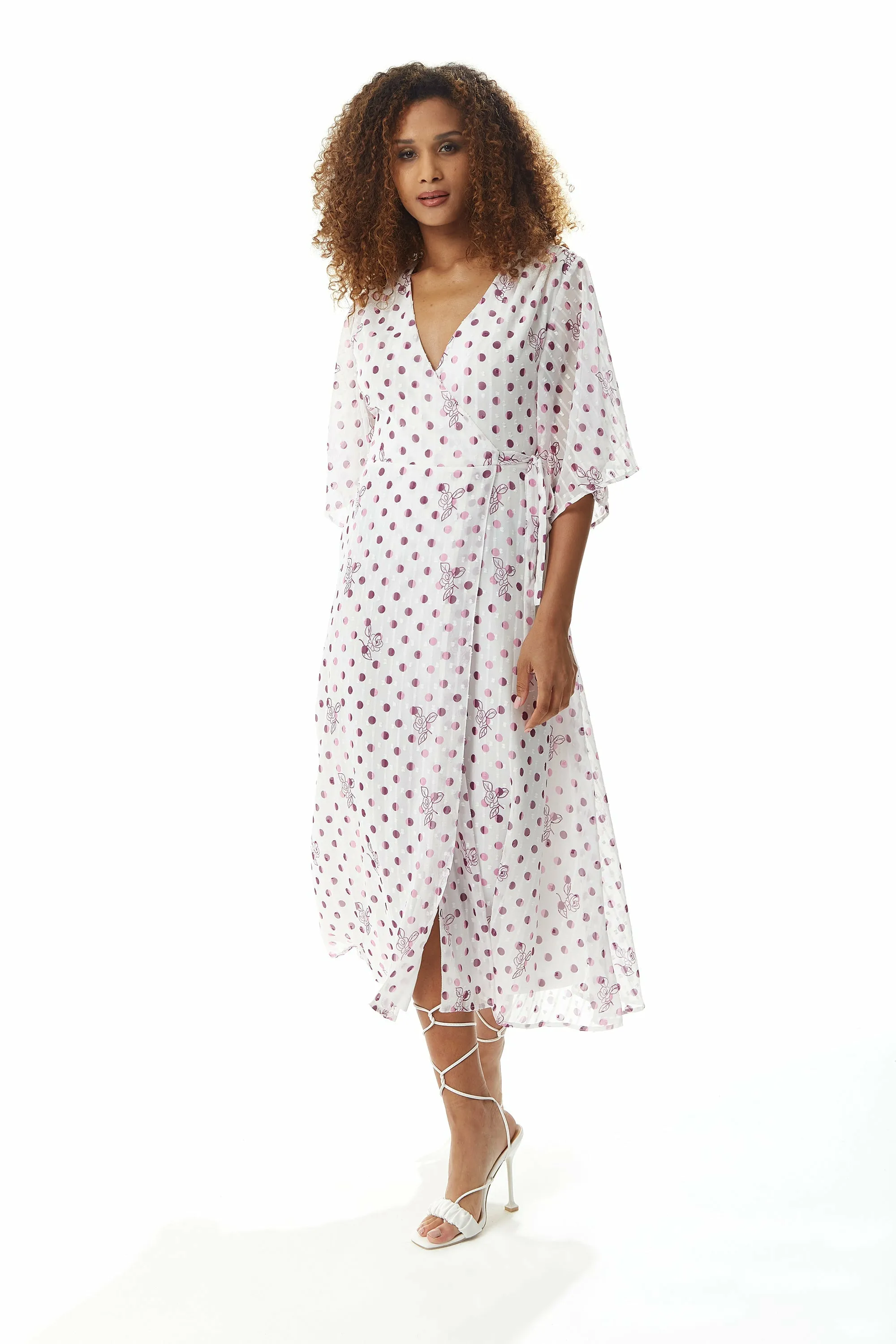 Pink Floral Polka Dot Print Midi Wrap Dress White by Liquorish sold by Goddiva