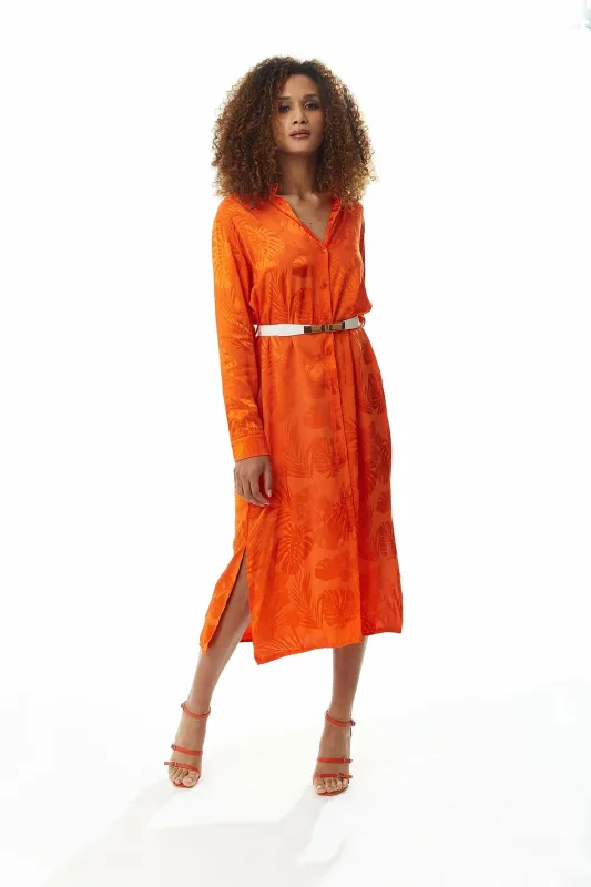 Leaf Print Midi Shirt Dress In Coral With Belt by Liquorish sold by Goddiva