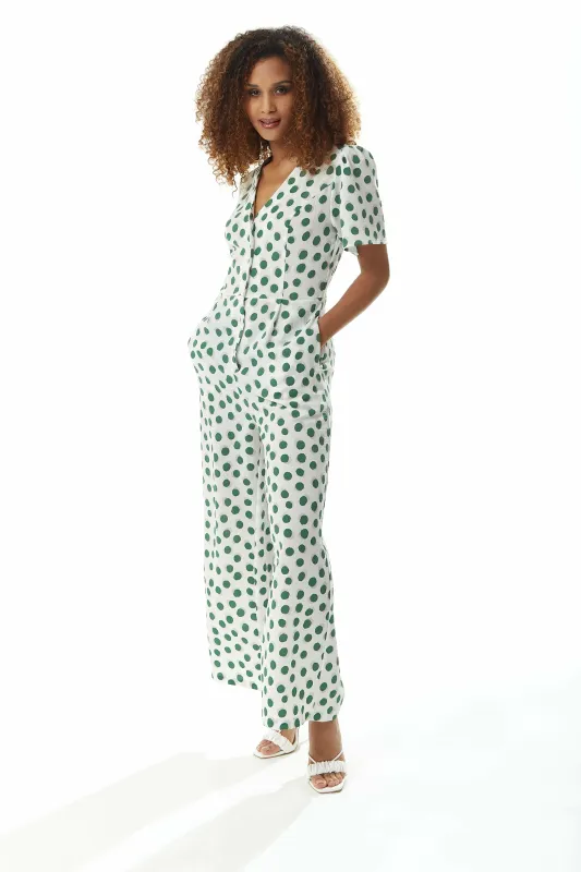 Green Polka Dot Jumpsuit In White by Liquorish sold by Goddiva