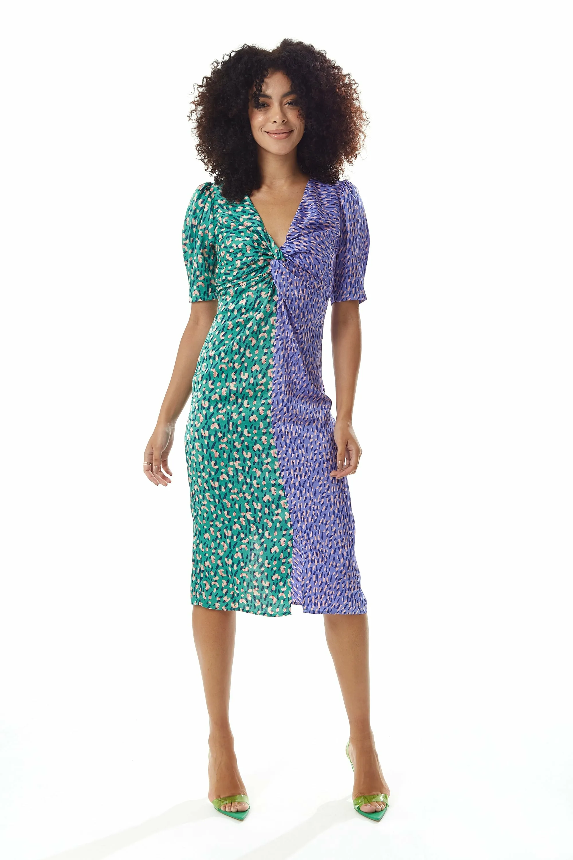 Liquorish Green Purple Abstract Print Knot Front Midi Dress sold by Goddiva