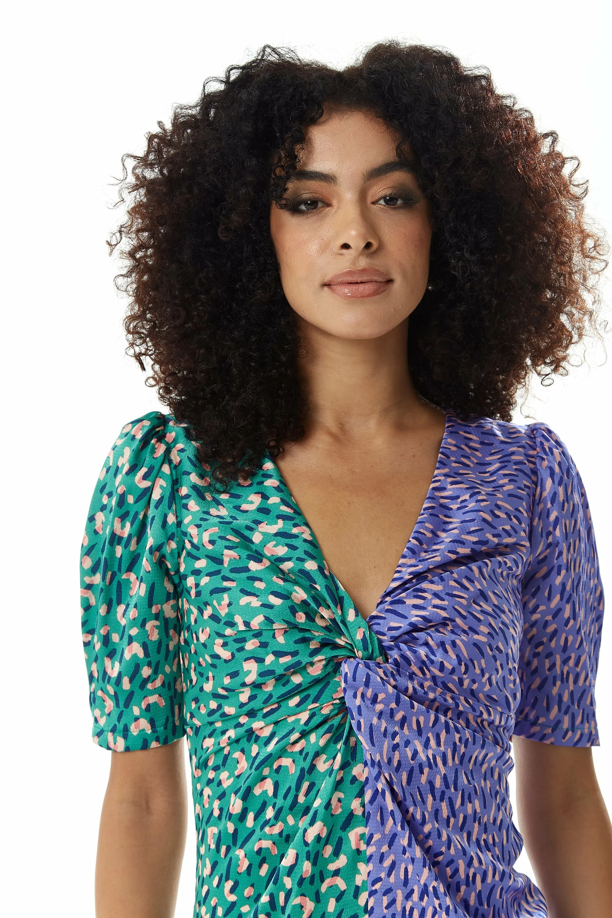 Liquorish Green Purple Abstract Print Knot Front Midi Dress sold by Goddiva product image thumbnail 5