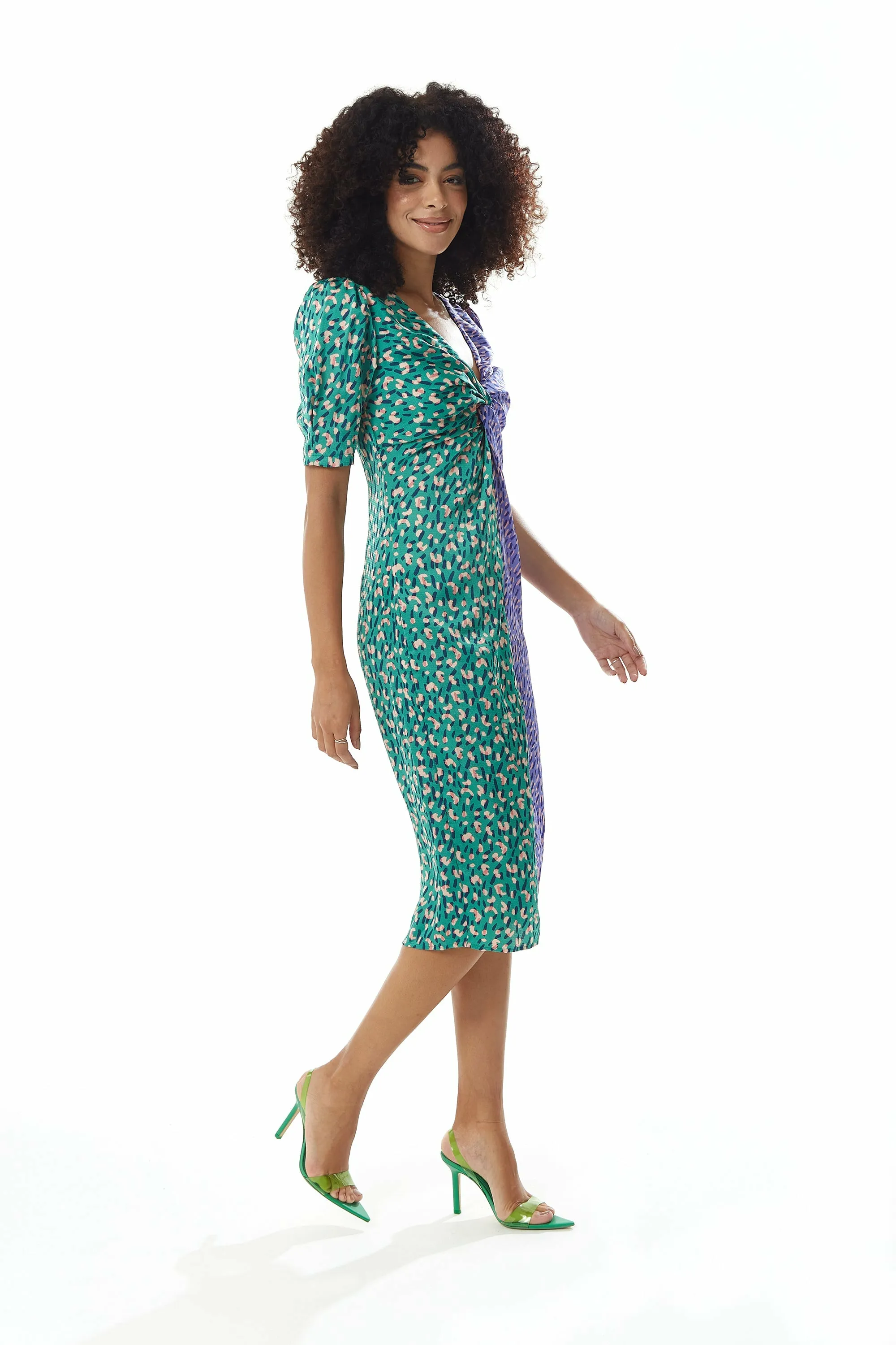 Liquorish Green Purple Abstract Print Knot Front Midi Dress sold by Goddiva product image thumbnail 3