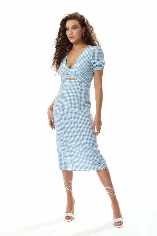 Liquorish Gingham Cut Out Front Midi Dress In Bluewhite sold by Goddiva