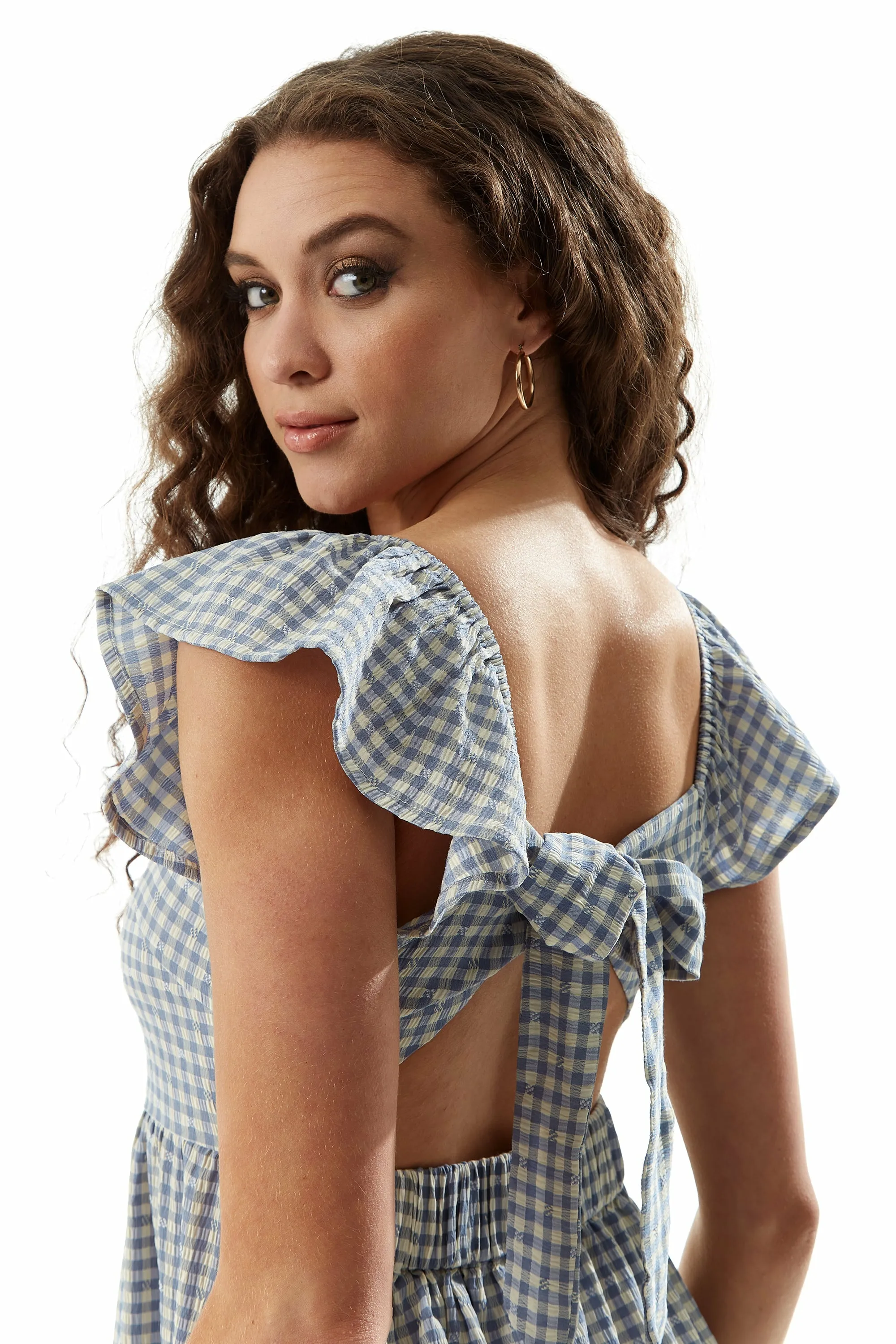 Liquorish Cut Out Back Midi Dress In Blue And Cream Gingham sold by Goddiva product image thumbnail 5