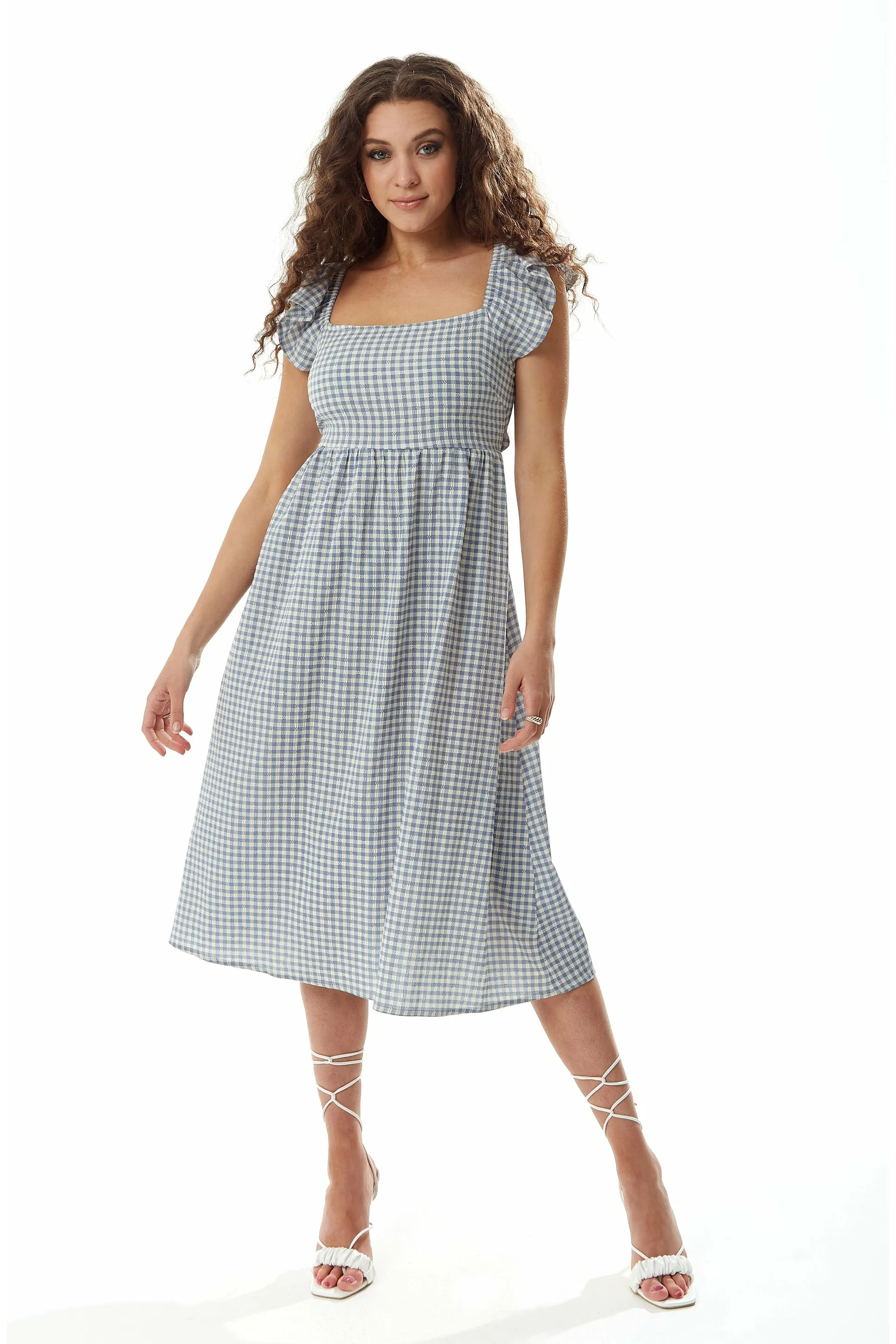 Liquorish Cut Out Back Midi Dress In Blue And Cream Gingham sold by Goddiva