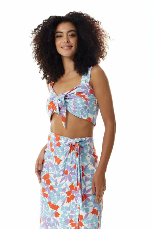 Tie Front Floral Print Crop Top In Blue And Red by Liquorish sold by Goddiva