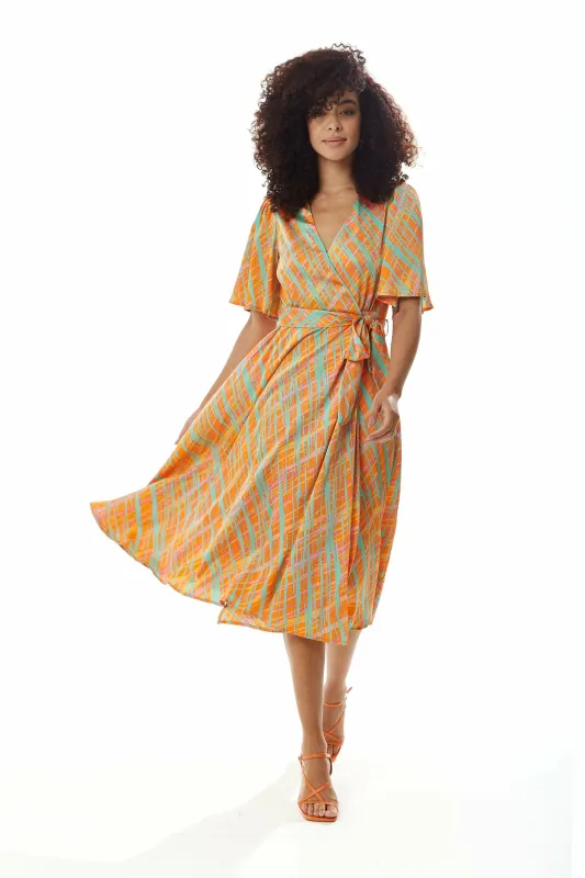 Midi Wrap Dress In Orange Scribble Print by Liquorish sold by Goddiva