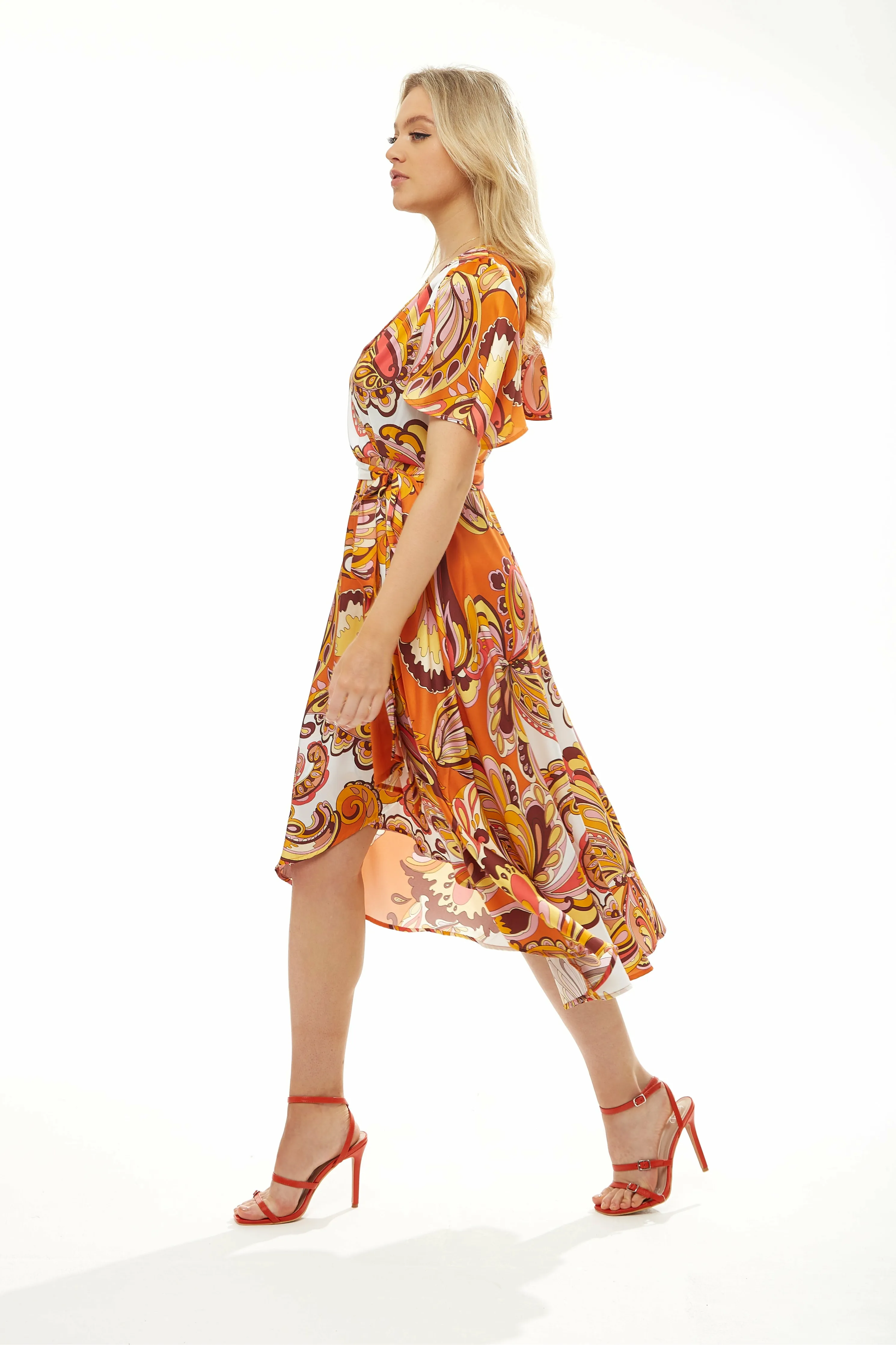 Liquorish Fake Wrap Midi Dress In Orange Floral sold by Goddiva product image thumbnail 2