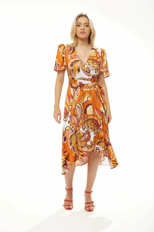 Liquorish Fake Wrap Midi Dress In Orange Floral sold by Goddiva