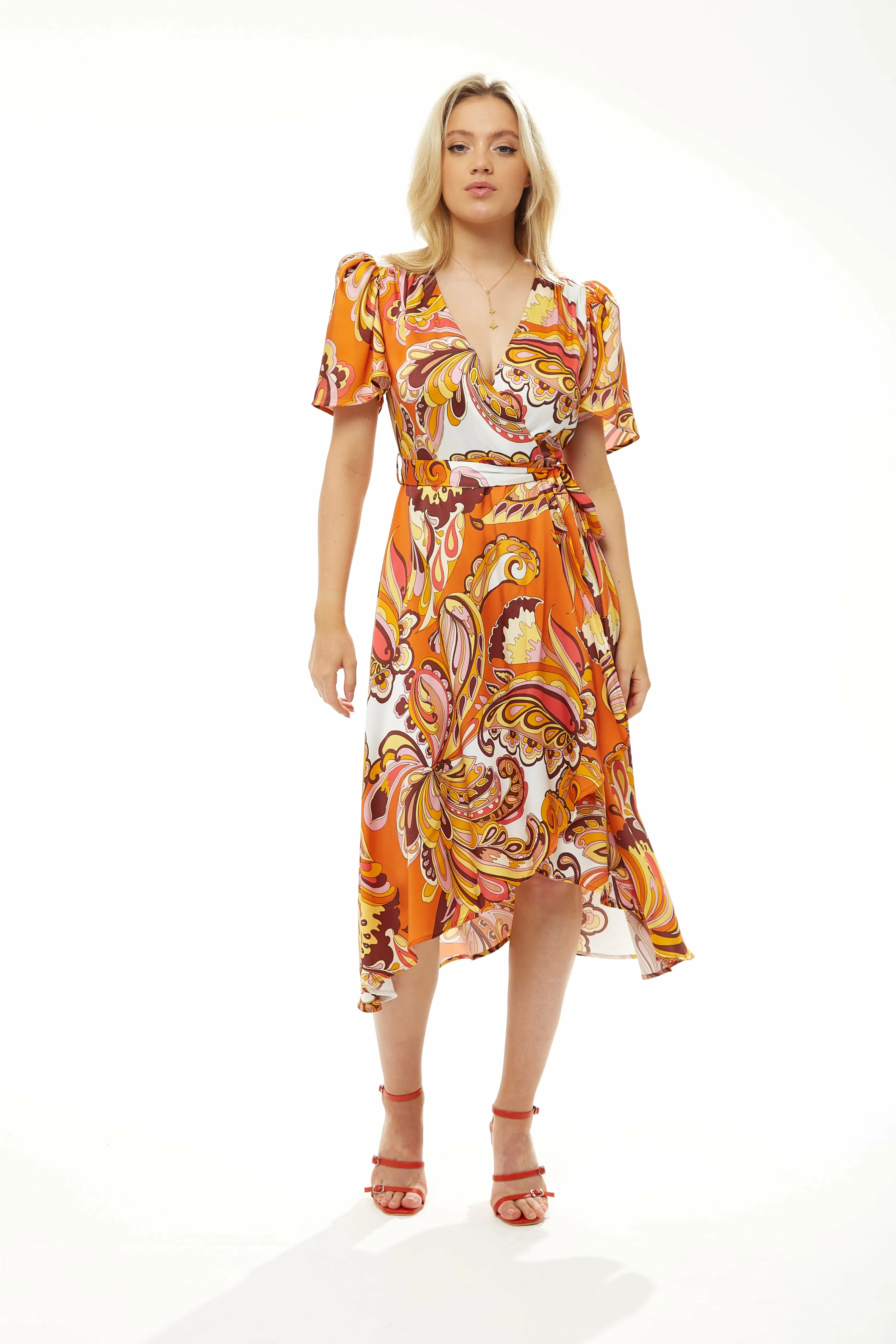 Liquorish Fake Wrap Midi Dress In Orange Floral sold by Goddiva