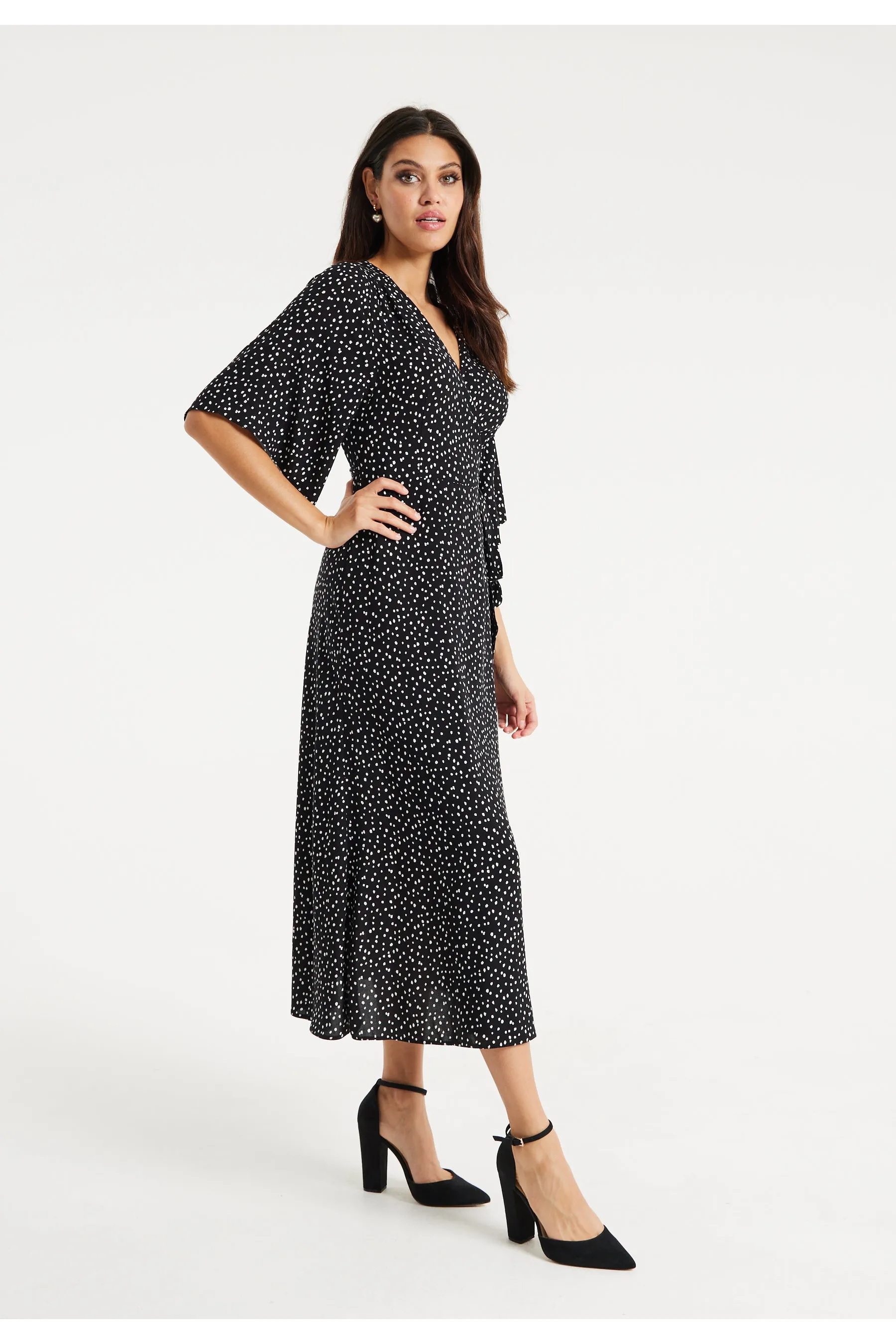 Liquorish Polka Dot Midi Wrap Dress With Kimono Sleeves sold by Goddiva product image thumbnail 2