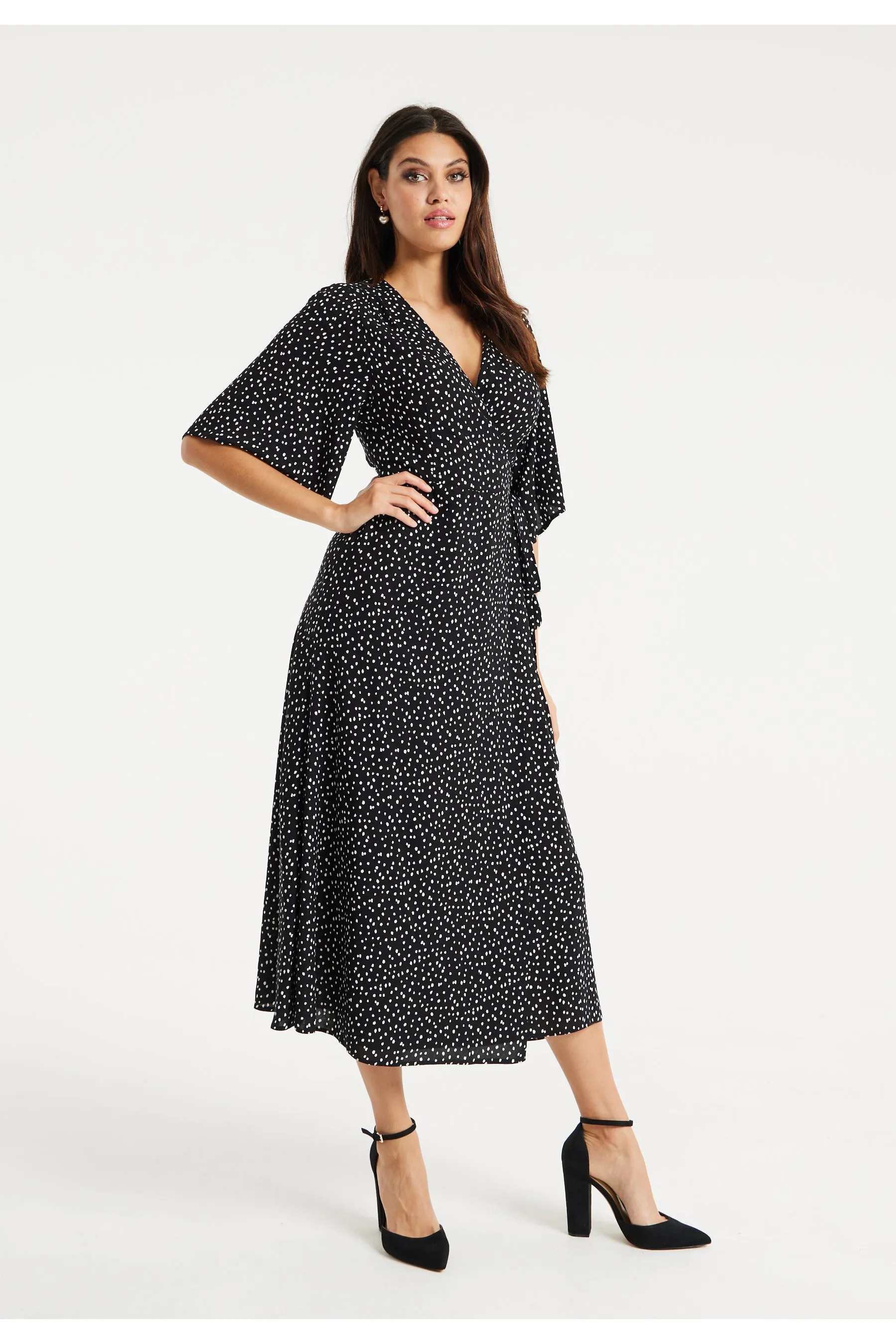 Liquorish Polka Dot Midi Wrap Dress With Kimono Sleeves sold by Goddiva product image thumbnail 3