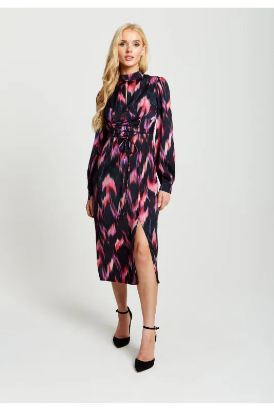 Abstract Feather Print Midi Lace Up Dress by Liquorish made by Goddiva