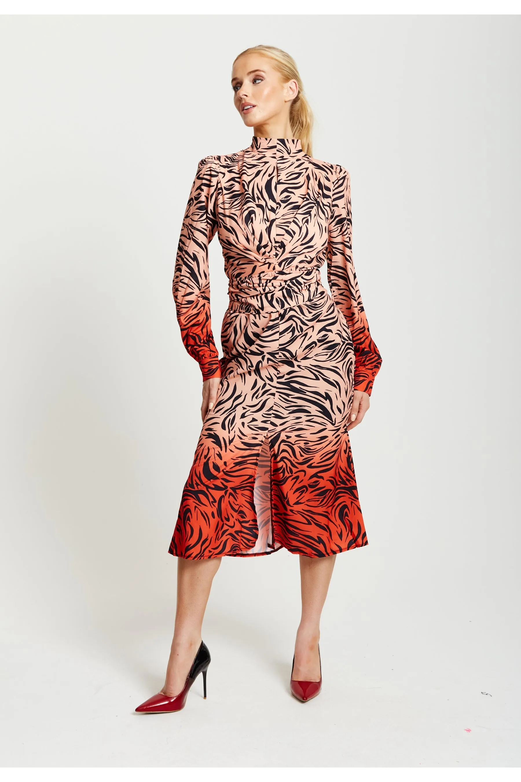 Liquorish Zebra Print Midi Dress With High Neck sold by Goddiva