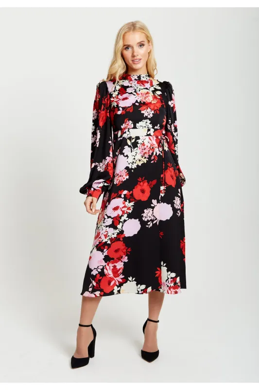 Rose Print Midi Wrap Dress With Open Back Detail by Liquorish sold by Goddiva