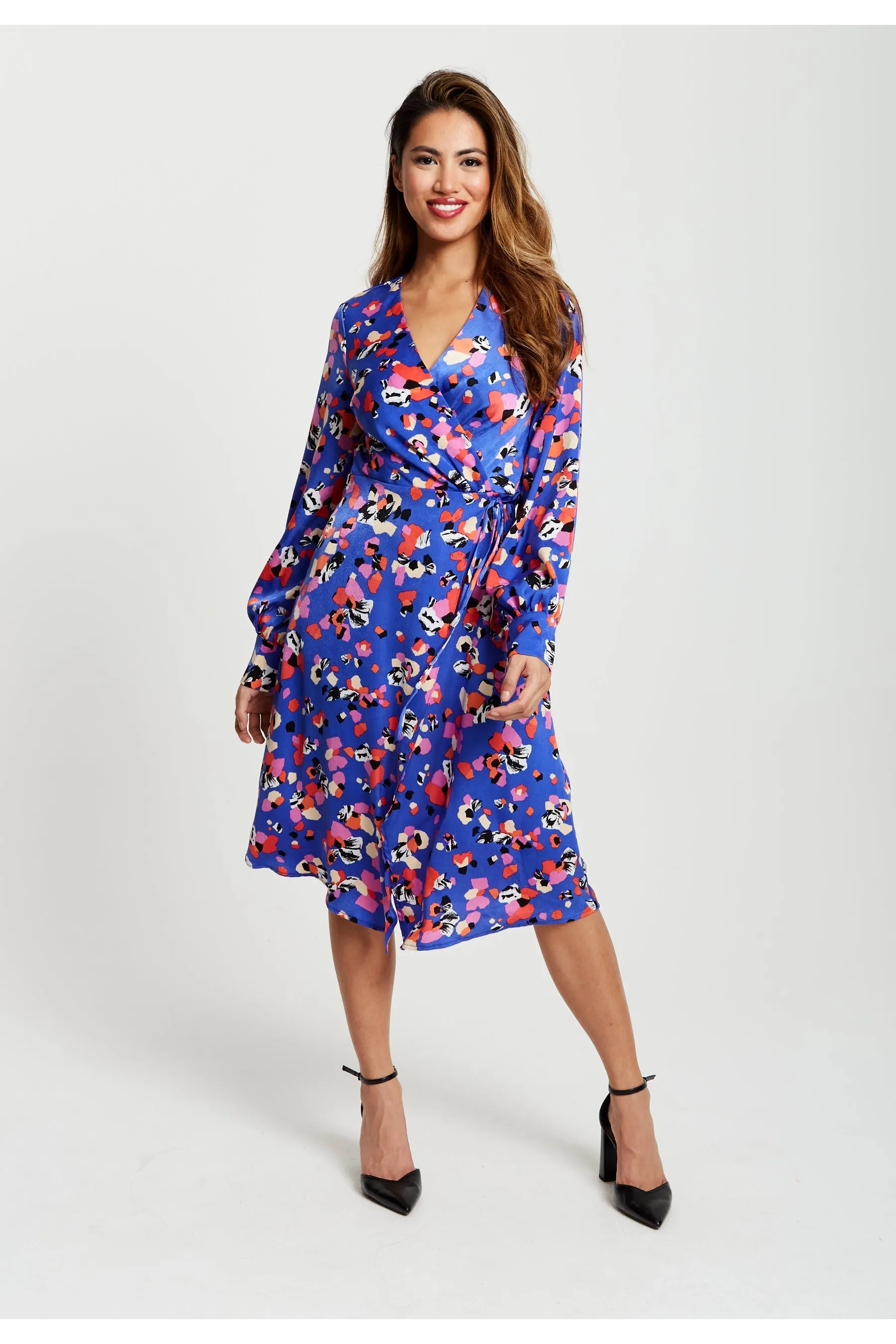 Multicolour Abstract Dot Print Midi Wrap In Blue by Liquorish sold by Goddiva