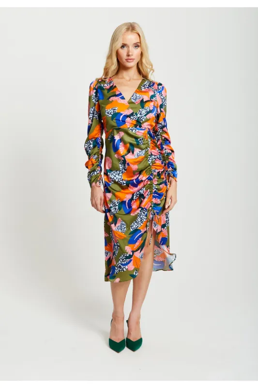Liquorish Abstract Leaf Print Midi Ruched Dress In Olive sold by Goddiva
