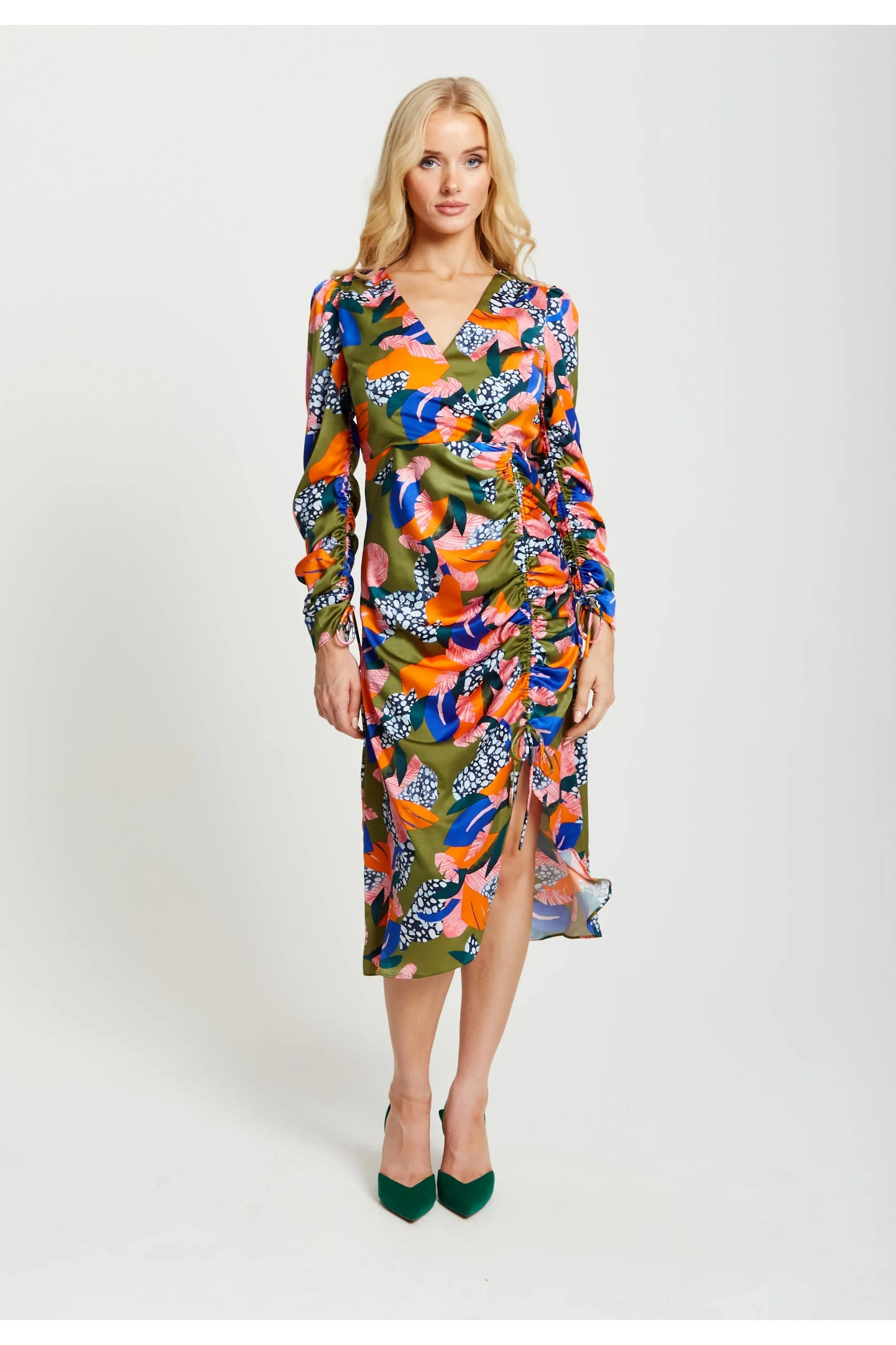 Liquorish Abstract Leaf Print Midi Ruched Dress In Olive sold by Goddiva