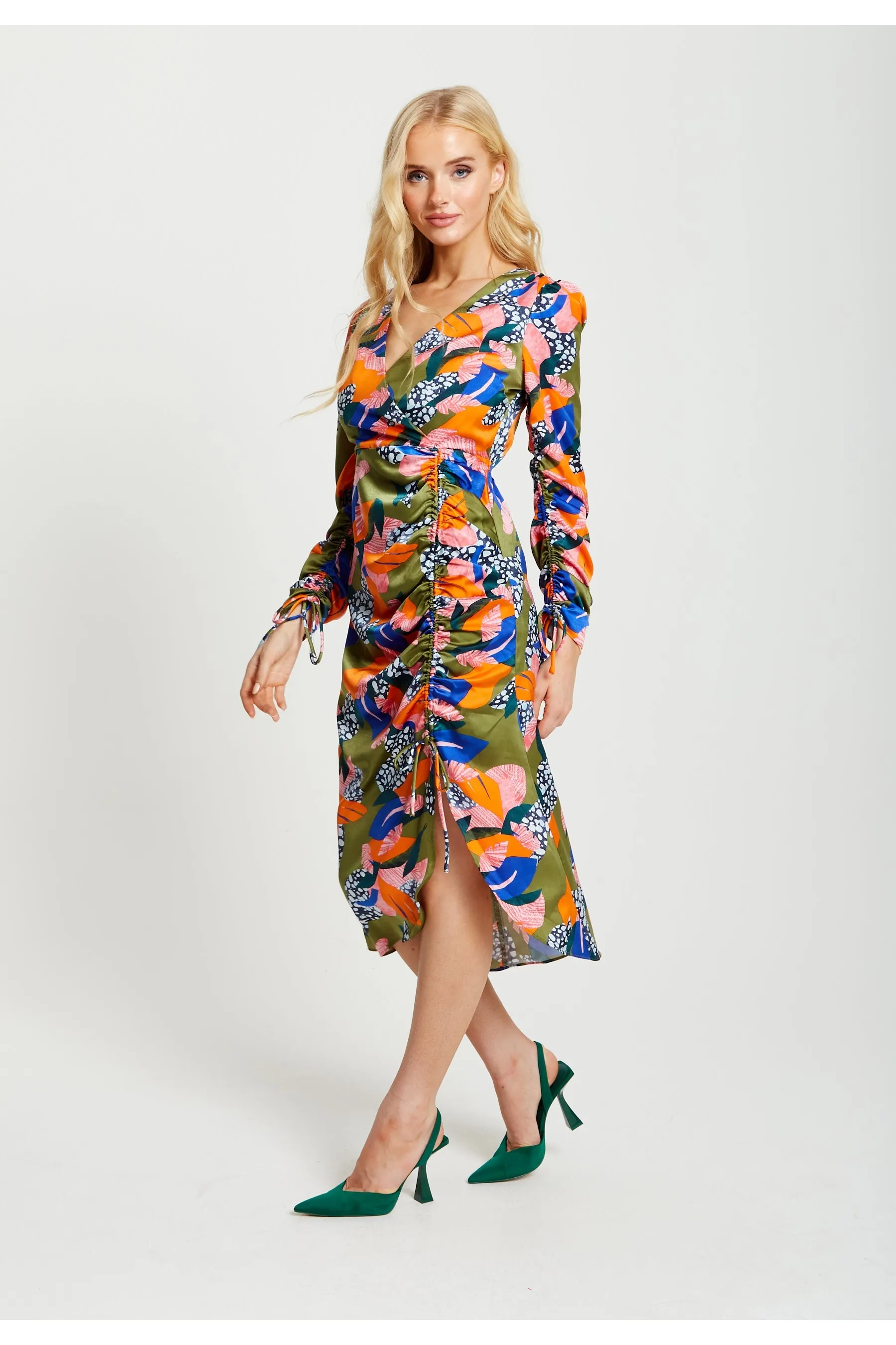 Liquorish Abstract Leaf Print Midi Ruched Dress In Olive sold by Goddiva product image thumbnail 2