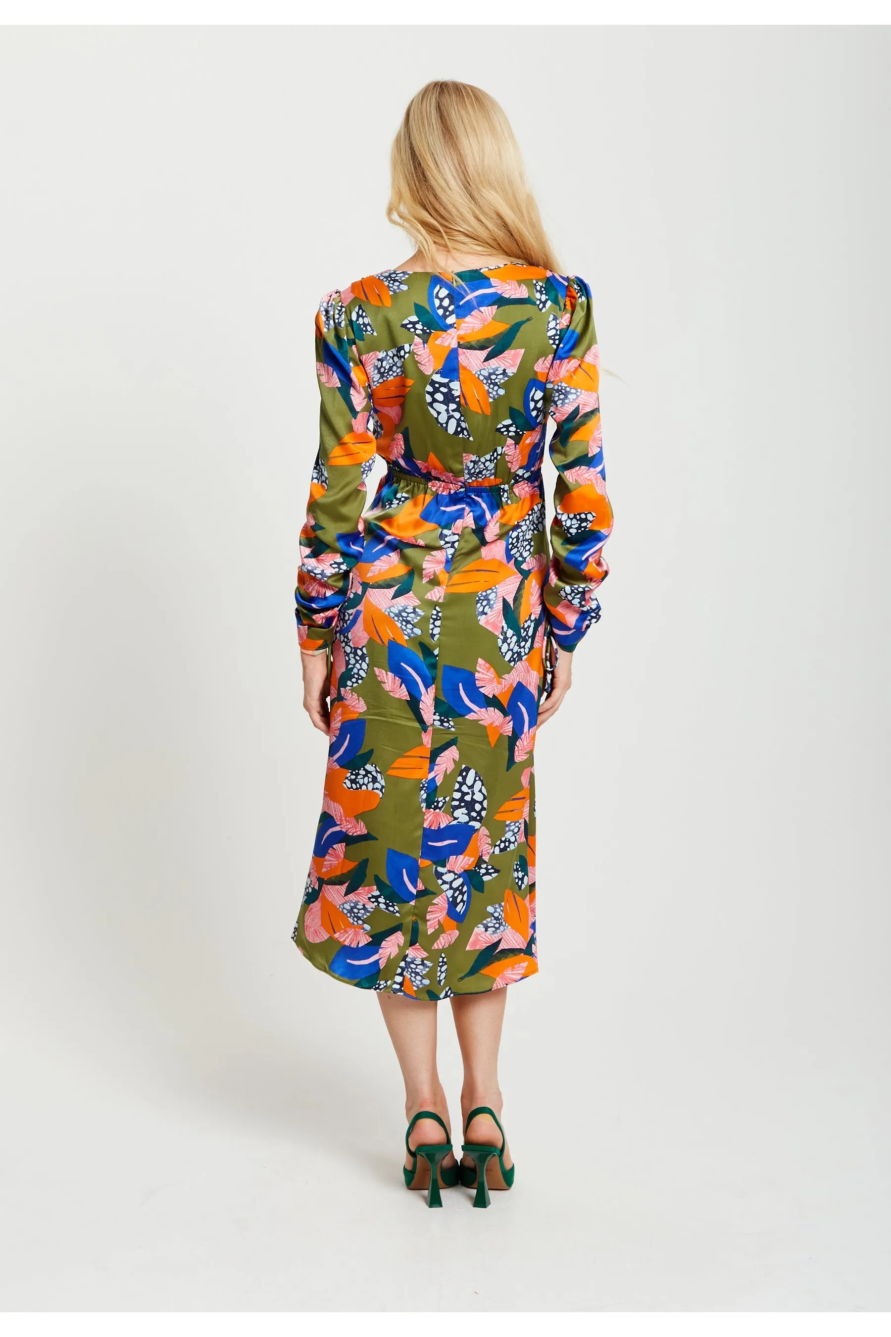Liquorish Abstract Leaf Print Midi Ruched Dress In Olive sold by Goddiva product image thumbnail 3