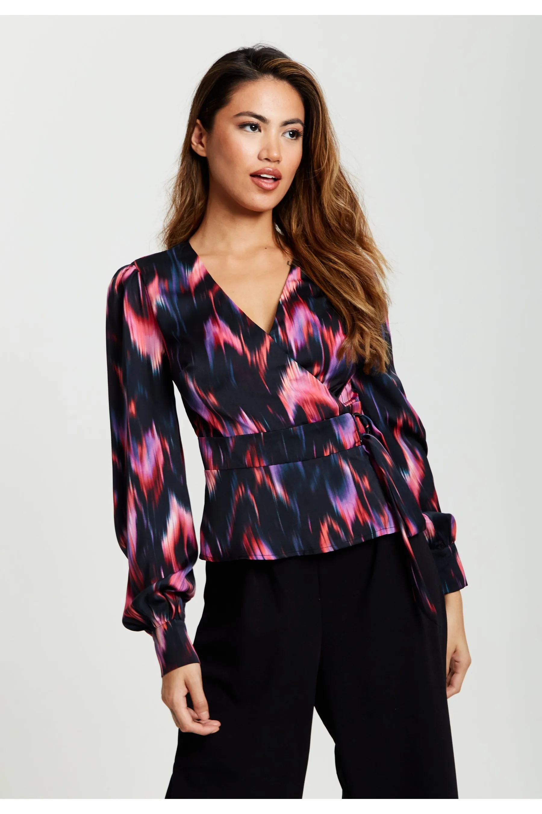 Abstract Feather Print Wrap Top In Black And Print by Liquorish sold by Goddiva product image thumbnail 2