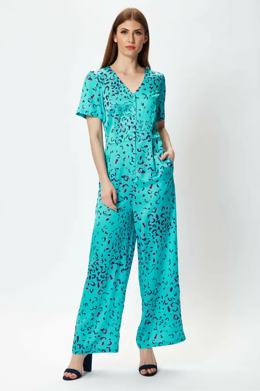 Liquorish Wide Leg Jumpsuit In Blue Animal Print sold by Goddiva