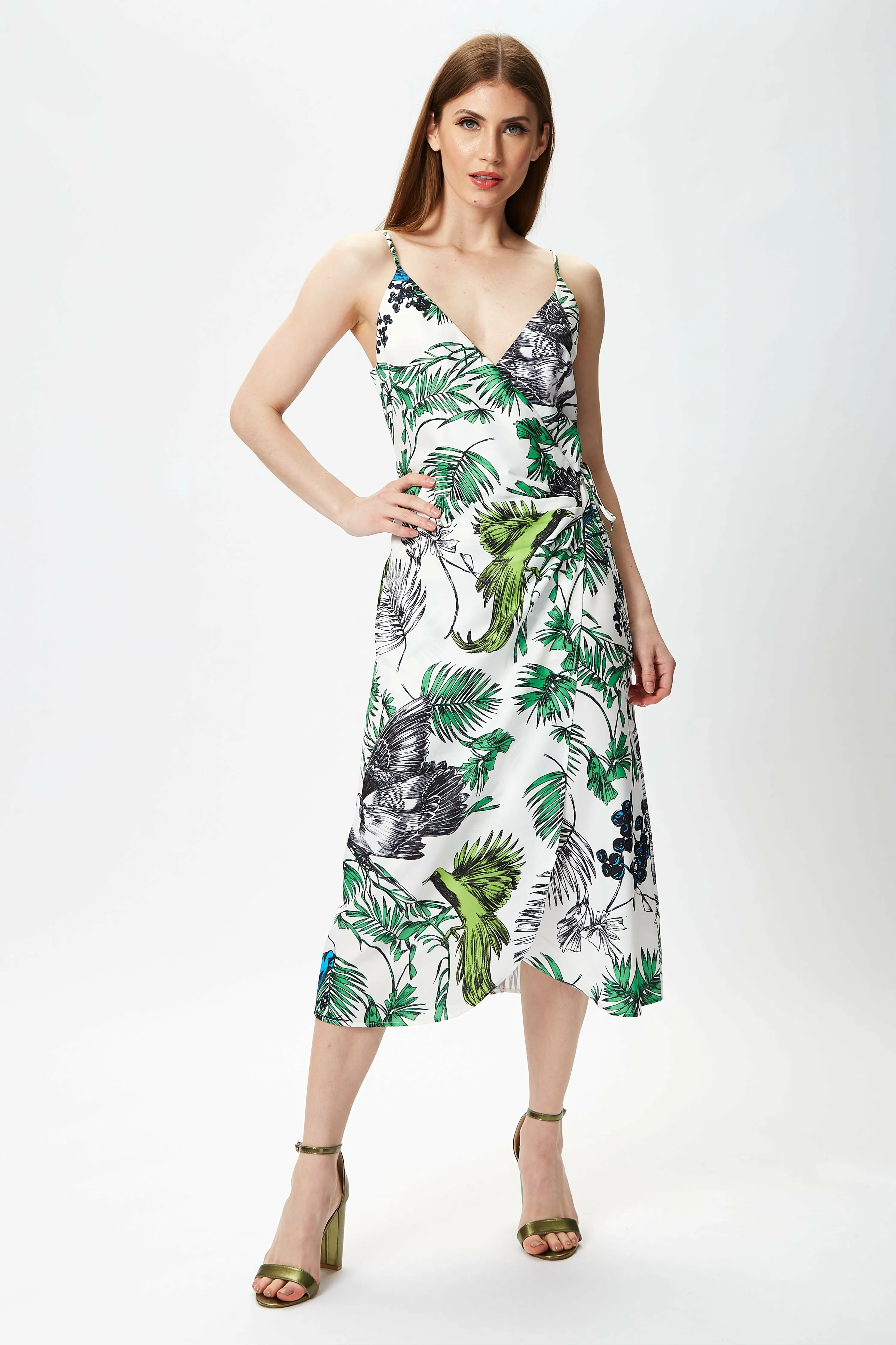 Bird And Floral Print Midi Wrap Dress by Liquorish sold by Goddiva