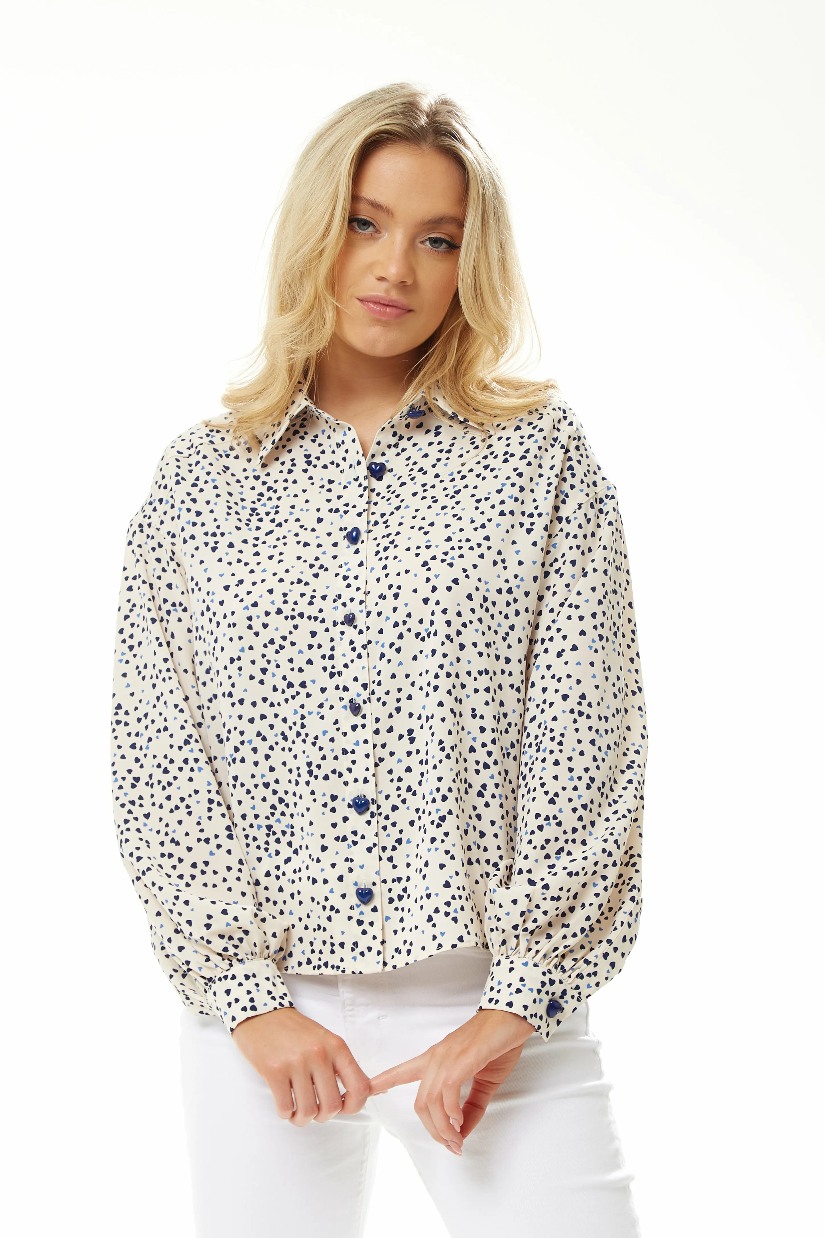 Heart Print Shirt In Cream by Liquorish sold by Goddiva product image thumbnail 2