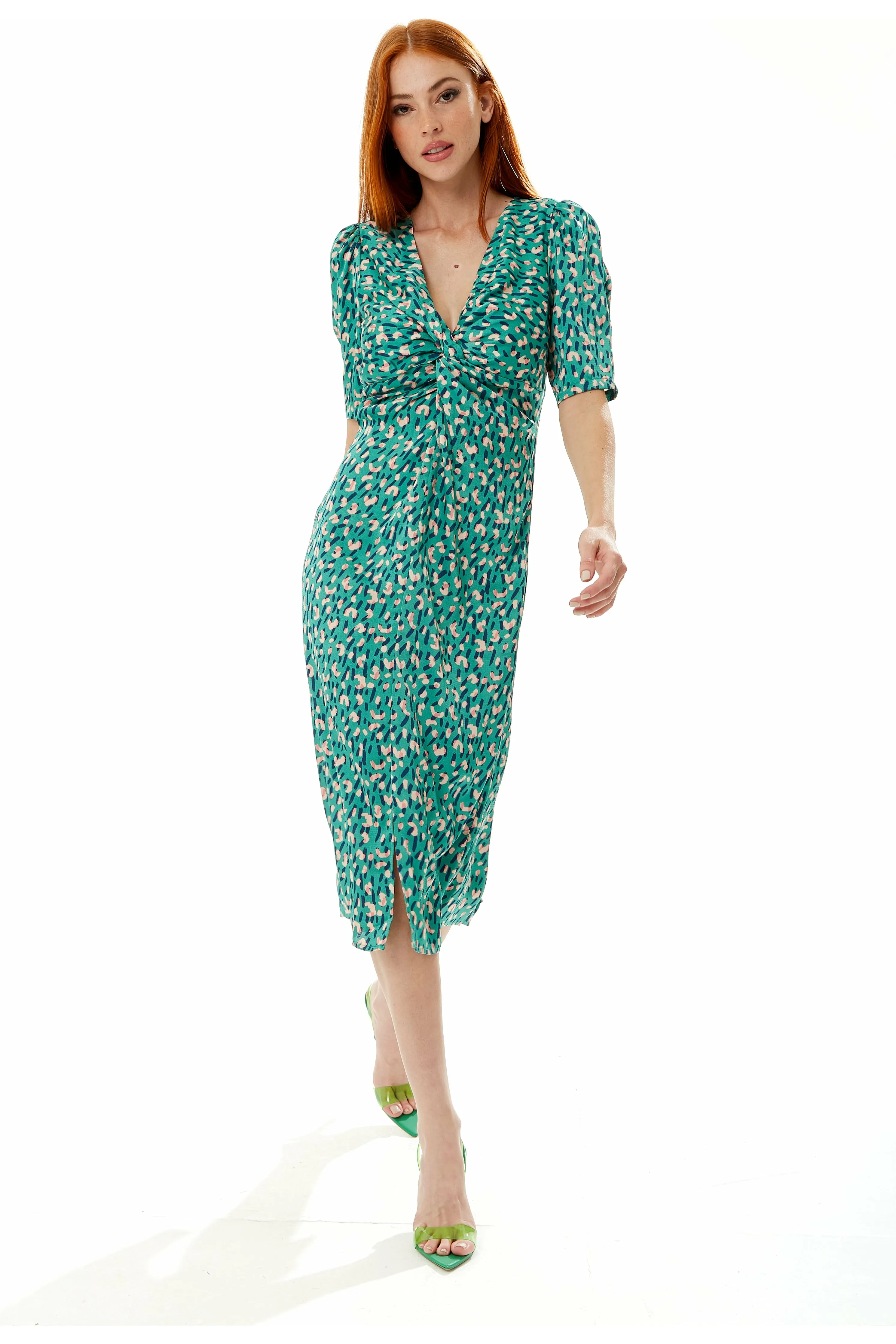 Stroke Print Knot Front Dress In Green by Liquorish sold by Goddiva product image thumbnail 2
