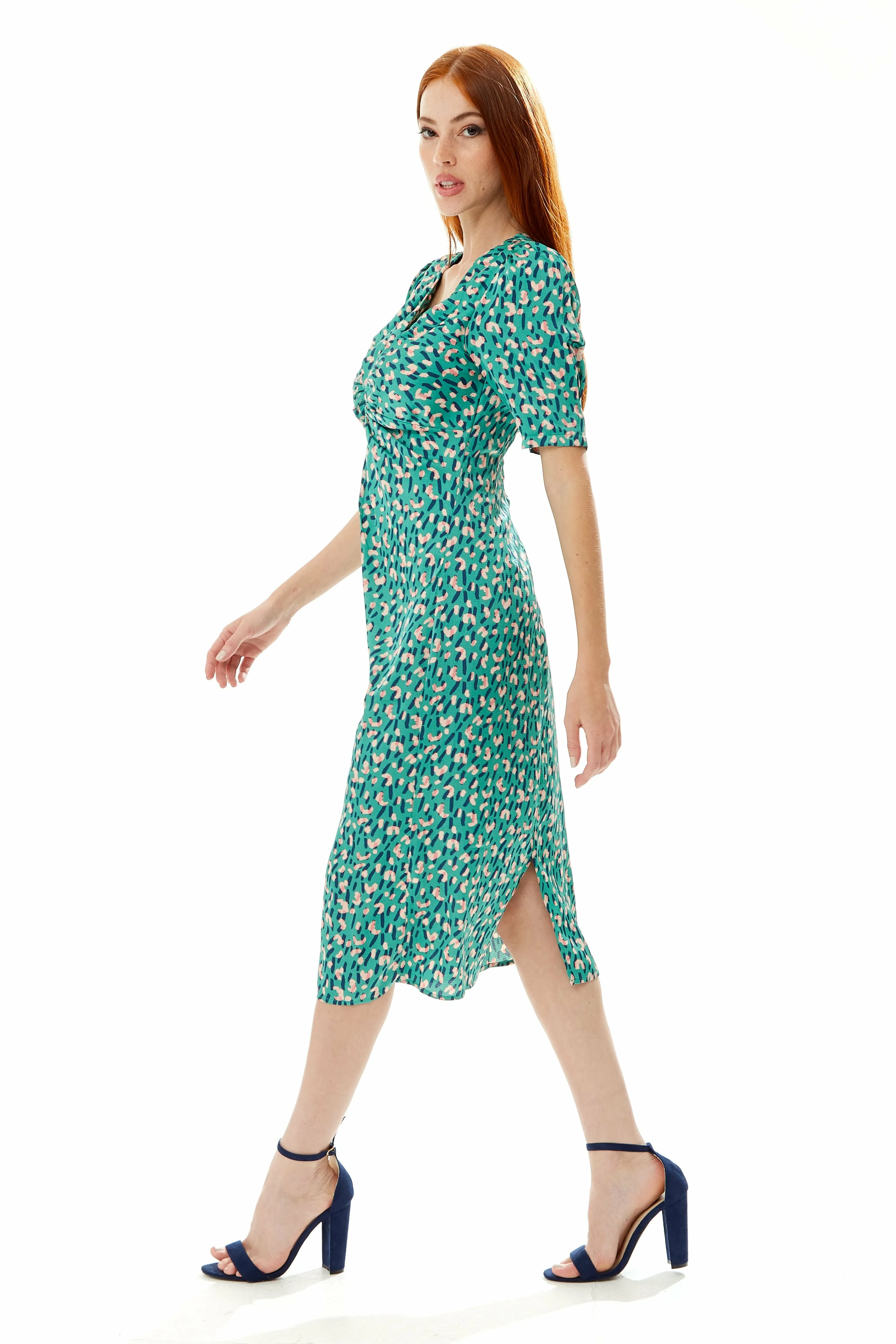 Stroke Print Knot Front Dress In Green by Liquorish sold by Goddiva product image thumbnail 3