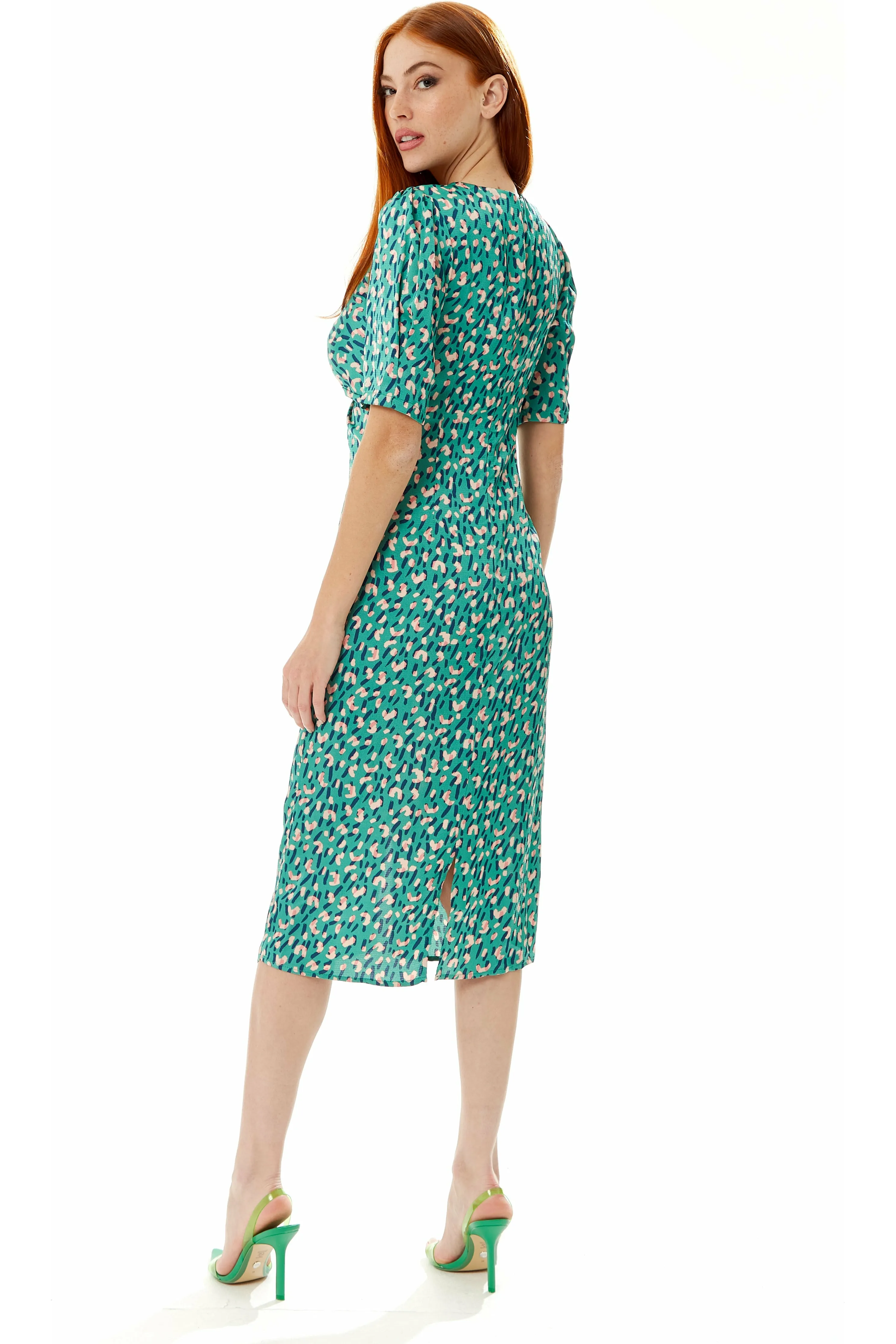 Stroke Print Knot Front Dress In Green by Liquorish sold by Goddiva product image thumbnail 4