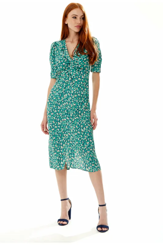 Stroke Print Knot Front Dress In Green by Liquorish sold by Goddiva